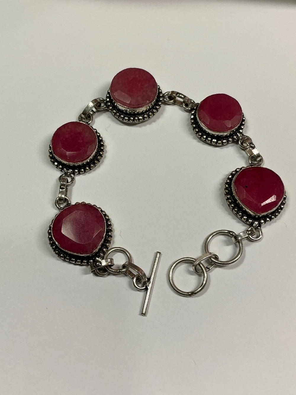 Sterling Silver Bracelet with Ruby Color Stones. 7 or 7.75 inches long